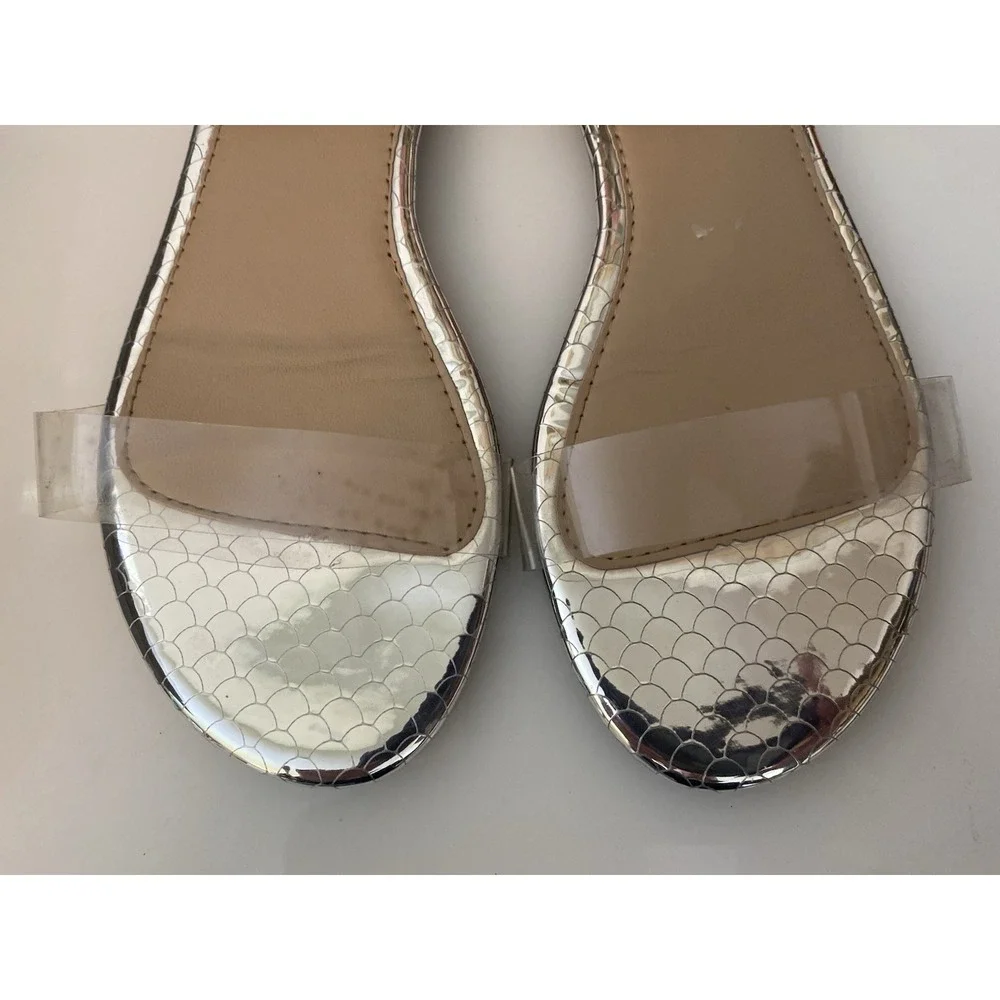 Clear Acrylic and Silver Faux Reptile Wild Diva Ankle Strap Sandals Size‎ 8/8.5